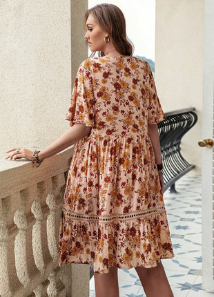 Plus Size Floral Crochet Flutter Sleeve Dress - MimiStylez