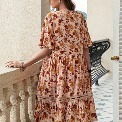 Plus Size Floral Crochet Flutter Sleeve Dress - MimiStylez