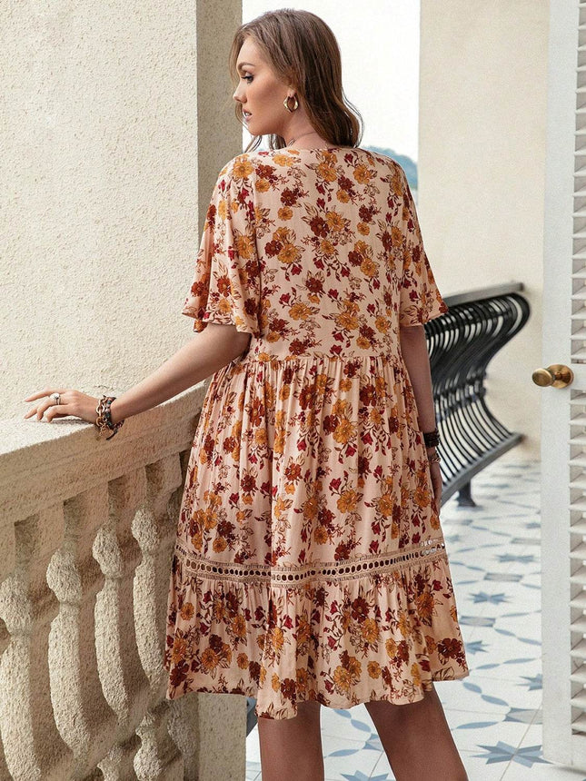 Plus Size Floral Crochet Flutter Sleeve Dress - MimiStylez