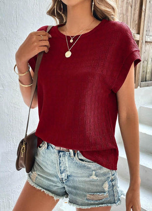 Textured Round Neck Short Sleeve Top - MimiStylez