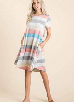 BOMBOM Striped Short Sleeve Dress with Pockets - MimiStylez