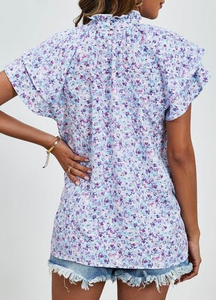 Ditsy Floral Mock Neck Flounce Sleeve Blouse - MimiStylez