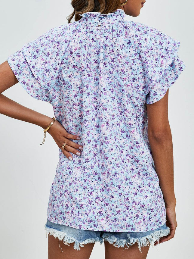 Ditsy Floral Mock Neck Flounce Sleeve Blouse - MimiStylez