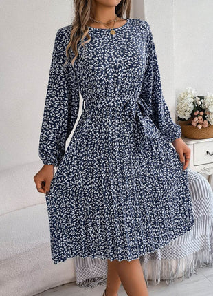 Ditsy Floral Tie Waist Pleated Dress - MimiStylez