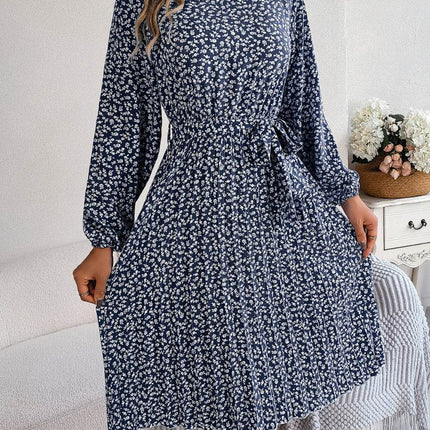 Ditsy Floral Tie Waist Pleated Dress - MimiStylez