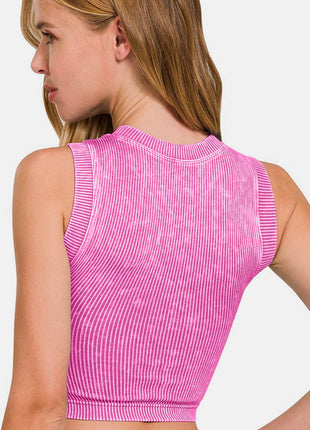 Zenana Washed Ribbed Seamless Crop Tank with Bra Pad - MimiStylez