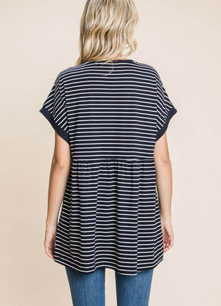 Cotton Bleu by Nu Label Striped Button Front Baby Doll Top - MimiStylez