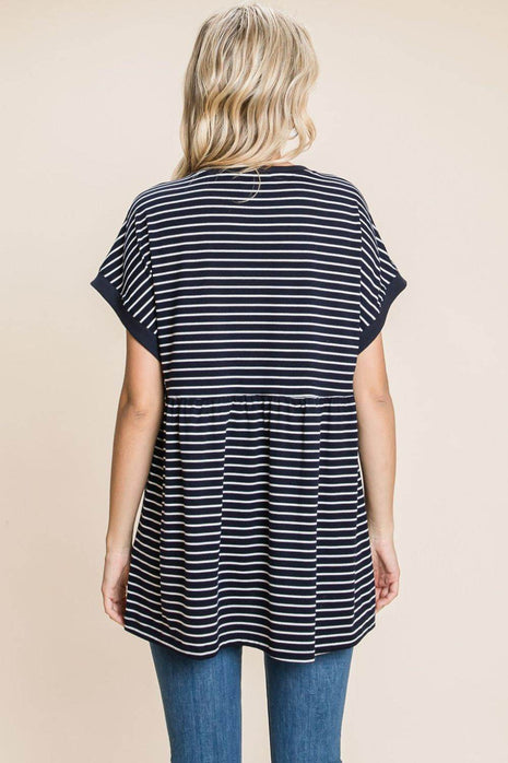Cotton Bleu by Nu Label Striped Button Front Baby Doll Top - MimiStylez