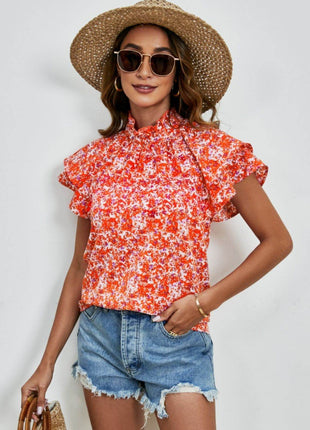 Ditsy Floral Mock Neck Flounce Sleeve Blouse - MimiStylez