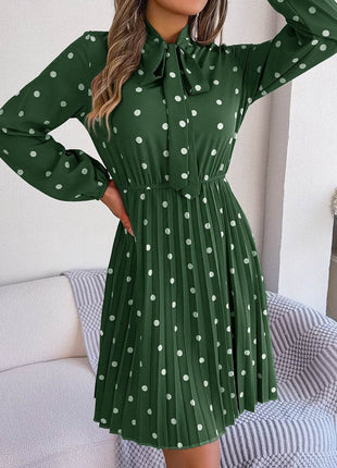 Polka Dot Tie Neck Pleated Dress - MimiStylez