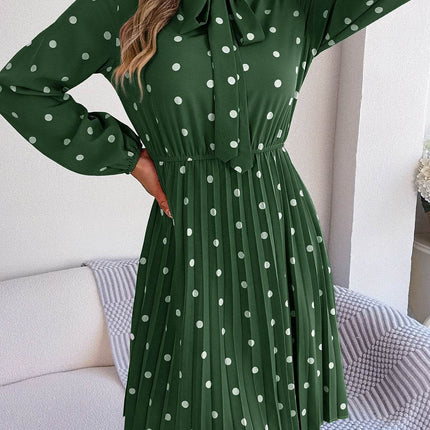 Polka Dot Tie Neck Pleated Dress - MimiStylez