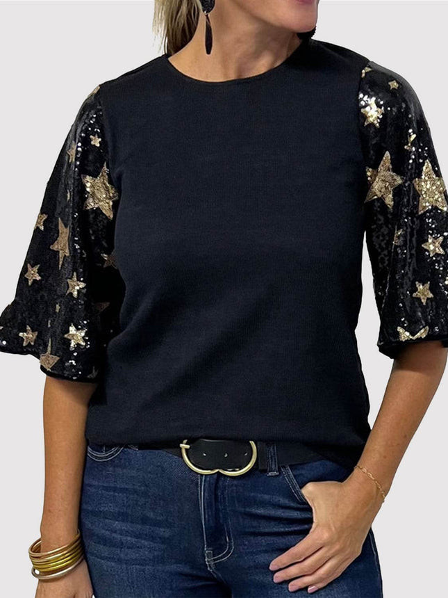 Sequin Round Neck Half Sleeve Blouse - MimiStylez