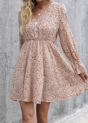 Decorative Button V-Neck Flounce Sleeve Dress - MimiStylez