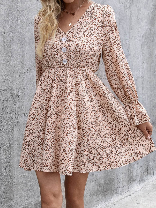 Decorative Button V-Neck Flounce Sleeve Dress - MimiStylez