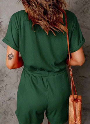 Full Size Drawstring V-Neck Short Sleeve Romper - MimiStylez