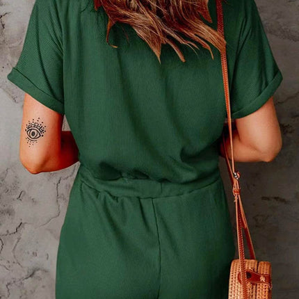 Full Size Drawstring V-Neck Short Sleeve Romper - MimiStylez