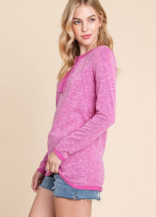Reborn J Contrast Trim Half Button Long Sleeve T-Shirt - MimiStylez