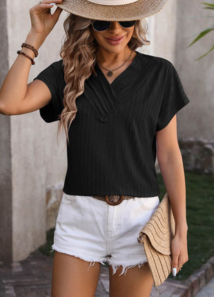 Textured Surplice Short Sleeve Blouse - MimiStylez