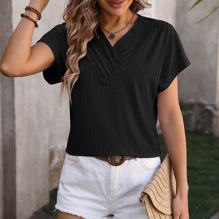 Textured Surplice Short Sleeve Blouse - MimiStylez