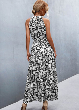 Printed Sleeveless Tie Waist Maxi Dress - MimiStylez