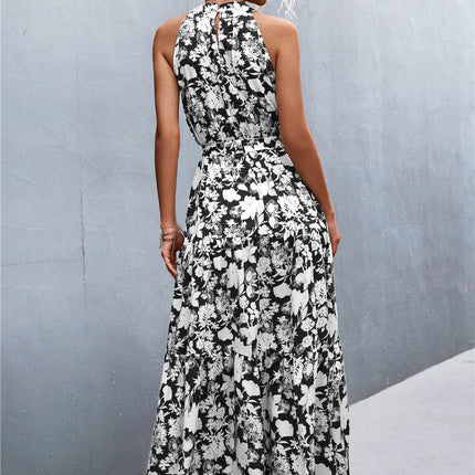 Printed Sleeveless Tie Waist Maxi Dress - MimiStylez