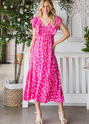 Reborn J Printed V-Neck Ruffle Trim Tiered Midi Dress - MimiStylez