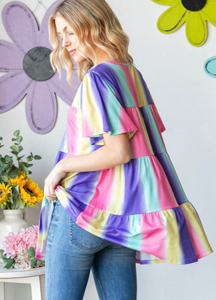 Heimish Full Size Short Sleeve Striped Tiered Top - MimiStylez