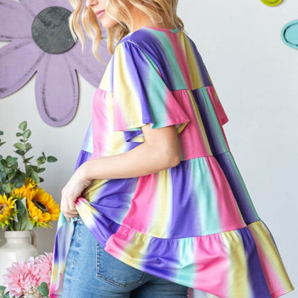 Heimish Full Size Short Sleeve Striped Tiered Top - MimiStylez