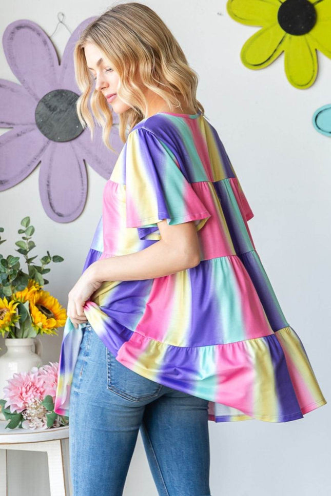 Heimish Full Size Short Sleeve Striped Tiered Top - MimiStylez