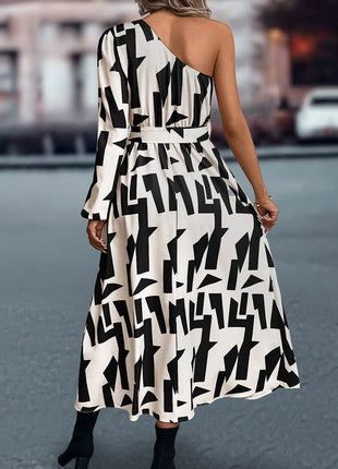 Printed One-Shoulder Tie Waist Dress - MimiStylez