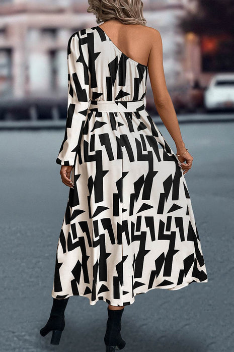 Printed One-Shoulder Tie Waist Dress - MimiStylez