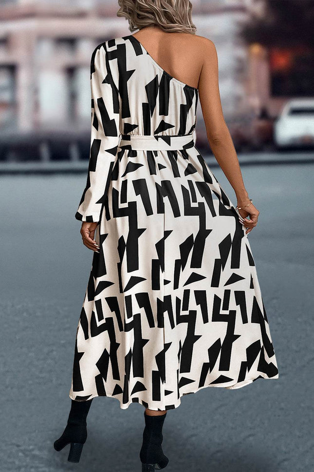 Printed One-Shoulder Tie Waist Dress - MimiStylez