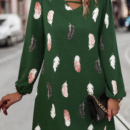 Feather Print V-Neck Dress - MimiStylez