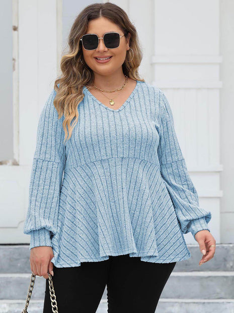 Plus Size Ribbed V-Neck Long Sleeve Blouse - MimiStylez