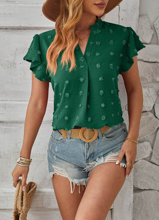 Swiss Dot Notched Cap Sleeve T-Shirt - MimiStylez