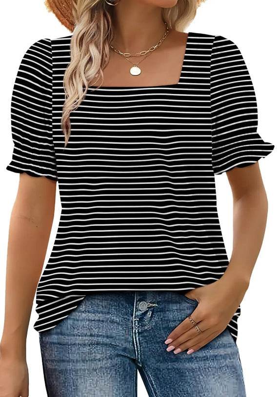 Simple U-neck Petal Sleeve Loose T-shirt - MimiStylez