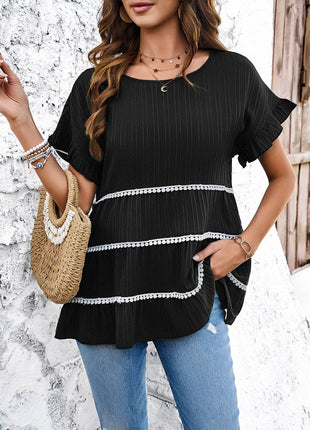 Round Neck Flounce Sleeve Blouse - MimiStylez