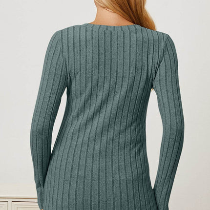 Basic Bae Full Size Ribbed V-Neck Long Sleeve T-Shirt - MimiStylez