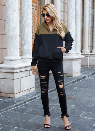 Pocketed Color Block Quarter Zip Hoodie - MimiStylez