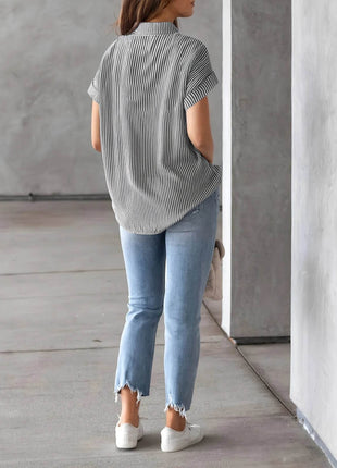 Full Size Striped Button-Up Casual Shirt with Pocket Plus Size - MimiStylez