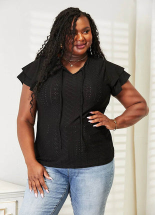 Double Take Eyelet Tie-Neck Flutter Sleeve Blouse - MimiStylez