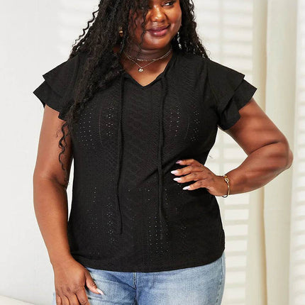 Double Take Eyelet Tie-Neck Flutter Sleeve Blouse - MimiStylez