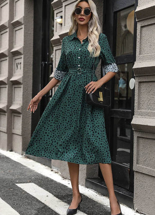 Perfee Printed Belted Long Sleeve Midi Dress - MimiStylez