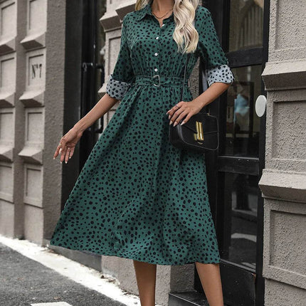 Perfee Printed Belted Long Sleeve Midi Dress - MimiStylez