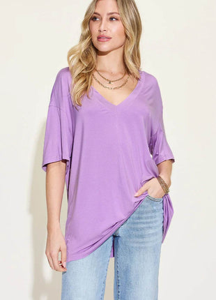 Basic Bae Full Size Bamboo V-Neck Drop Shoulder T-Shirt - MimiStylez