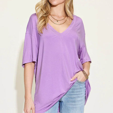 Basic Bae Full Size Bamboo V-Neck Drop Shoulder T-Shirt - MimiStylez