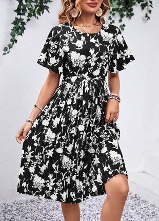 Printed Round Neck Short Sleeve Dress - MimiStylez