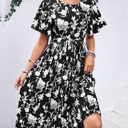 Printed Round Neck Short Sleeve Dress - MimiStylez