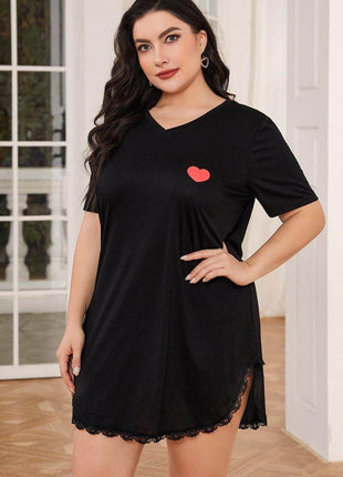 Plus Size Lace Trim V-Neck Short Sleeve Night Dress - MimiStylez