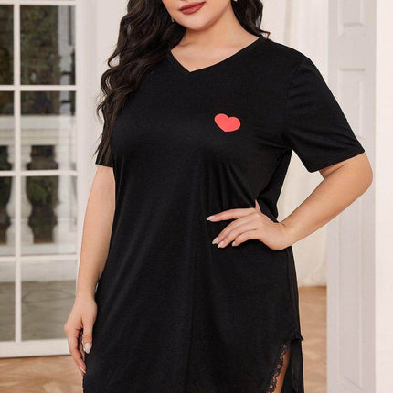Plus Size Lace Trim V-Neck Short Sleeve Night Dress - MimiStylez